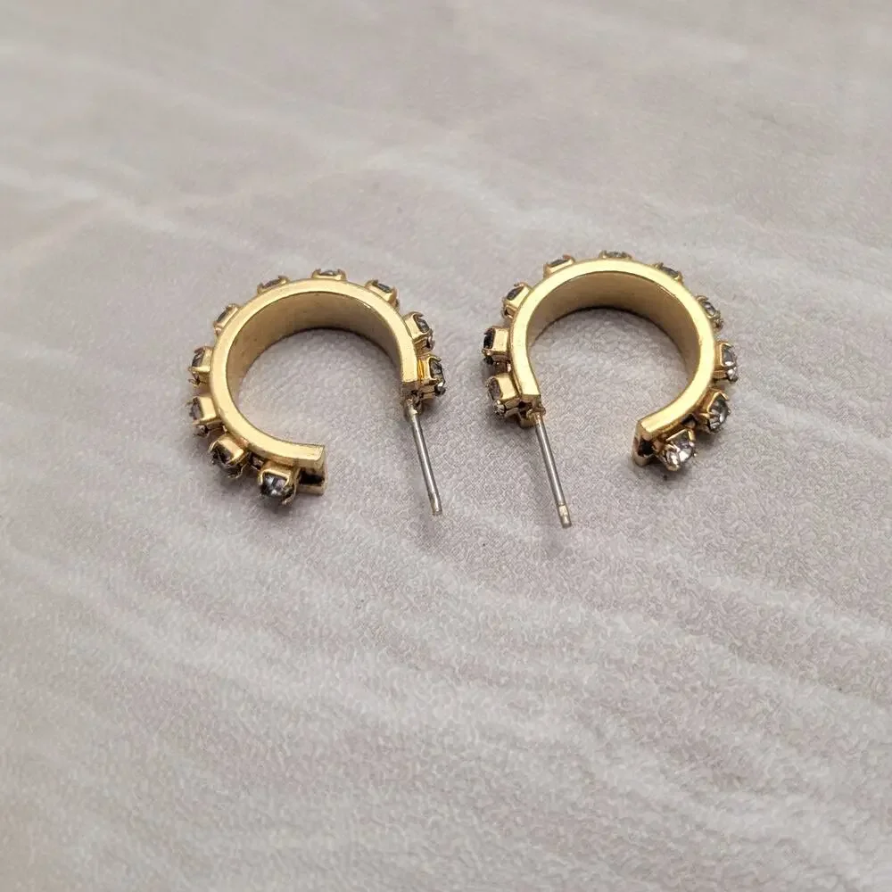 Vintage Stud Earrings Gold Tone Hoops with Clear Gems